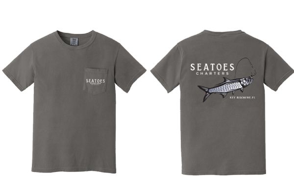 A grey t-shirt with a fish design from Sea Toes Charters