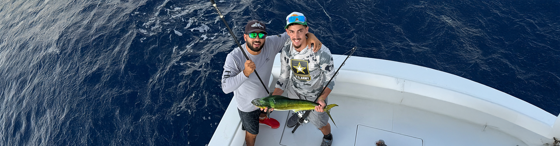 Collage of men on a dock holding fish, people on a boat, and several holding fish