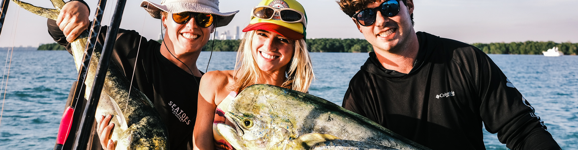 Collage of a man on a boat at sunset and two men holding fish