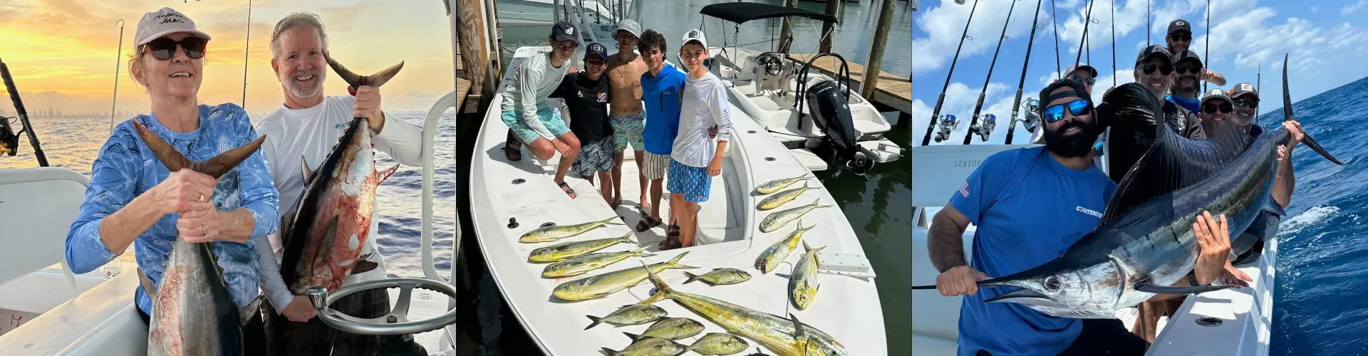 Collage of men on dock holding fish, people on a boat, and several holding fish