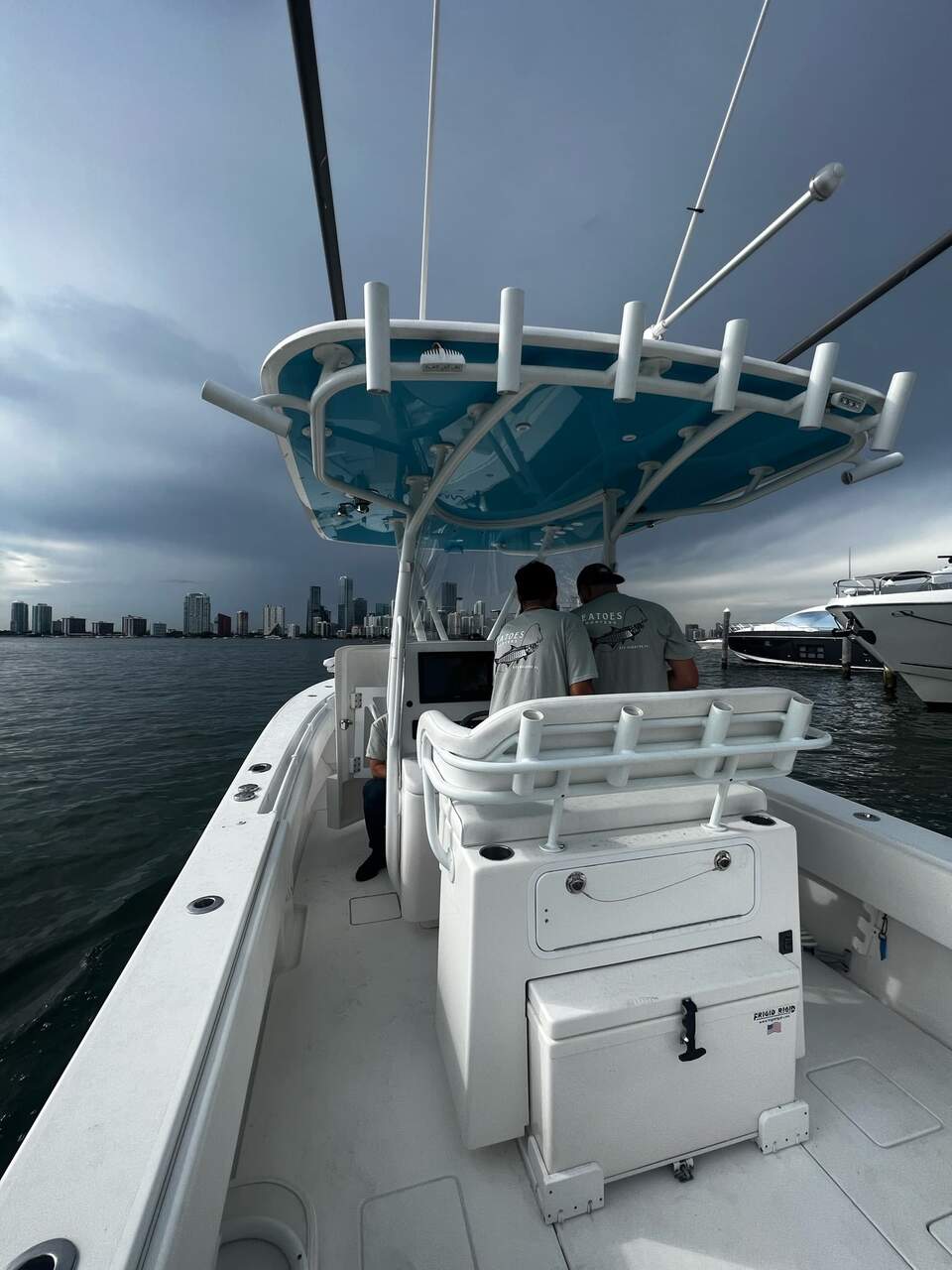 A boat with anglers on it during a deep sea fishing trip